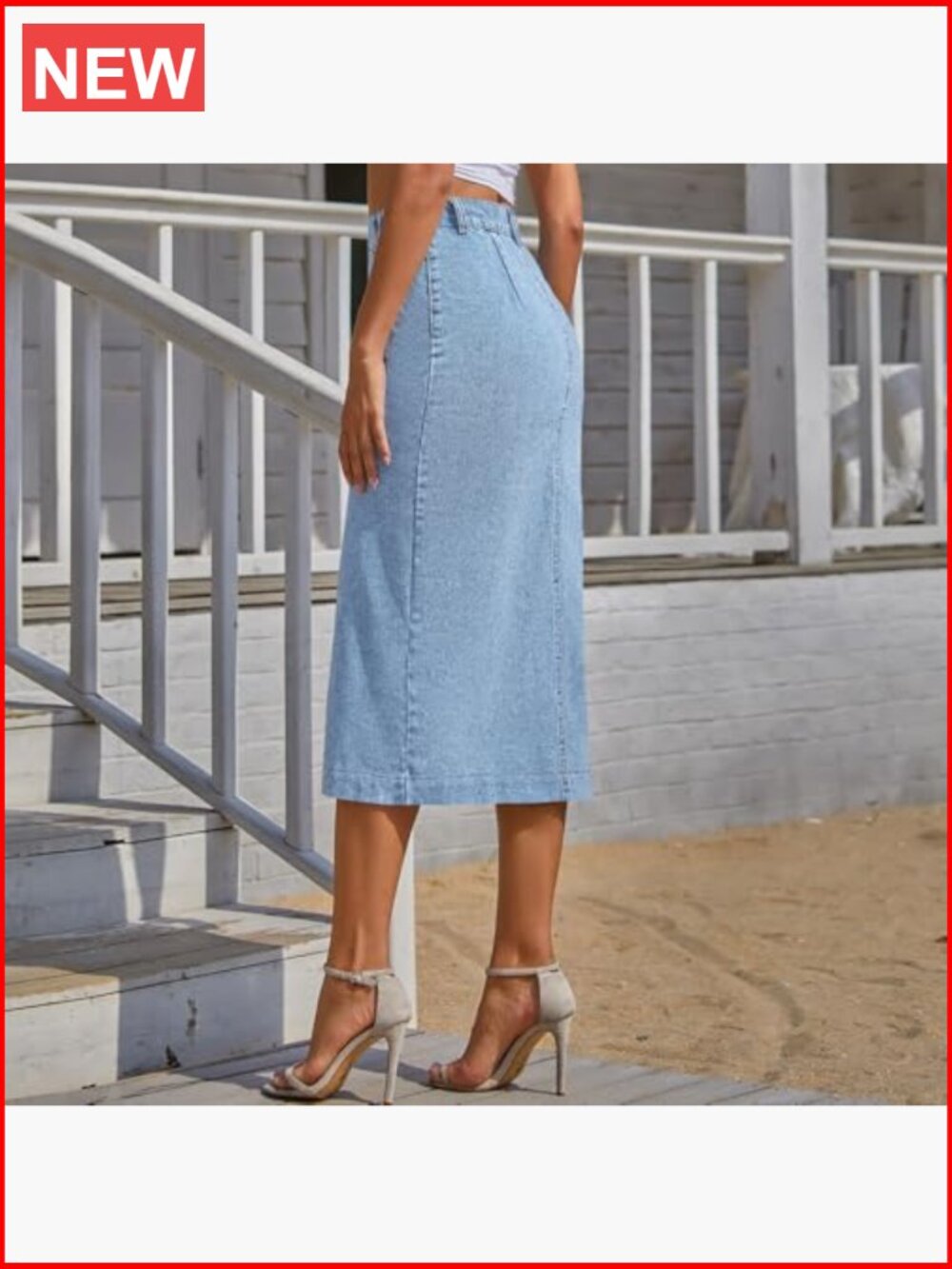 High Waisted Denim Skirt with Button Front and Side Slit Midi Length - Picture 3 of 6